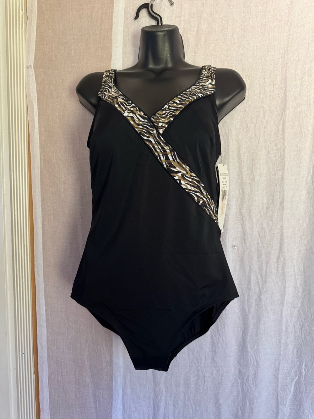 ROXANNE Black One-Piece Swimsuit with Animal Print Trim SIZE 12/36C NWT